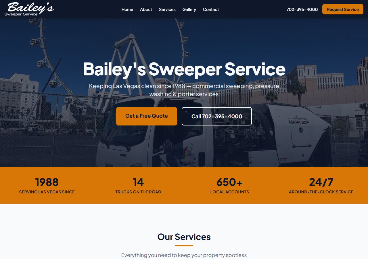 The rebuilt Bailey's Sweeper Service homepage: a sweeper truck at the Las Vegas High Roller, clear services and a working request-service button.